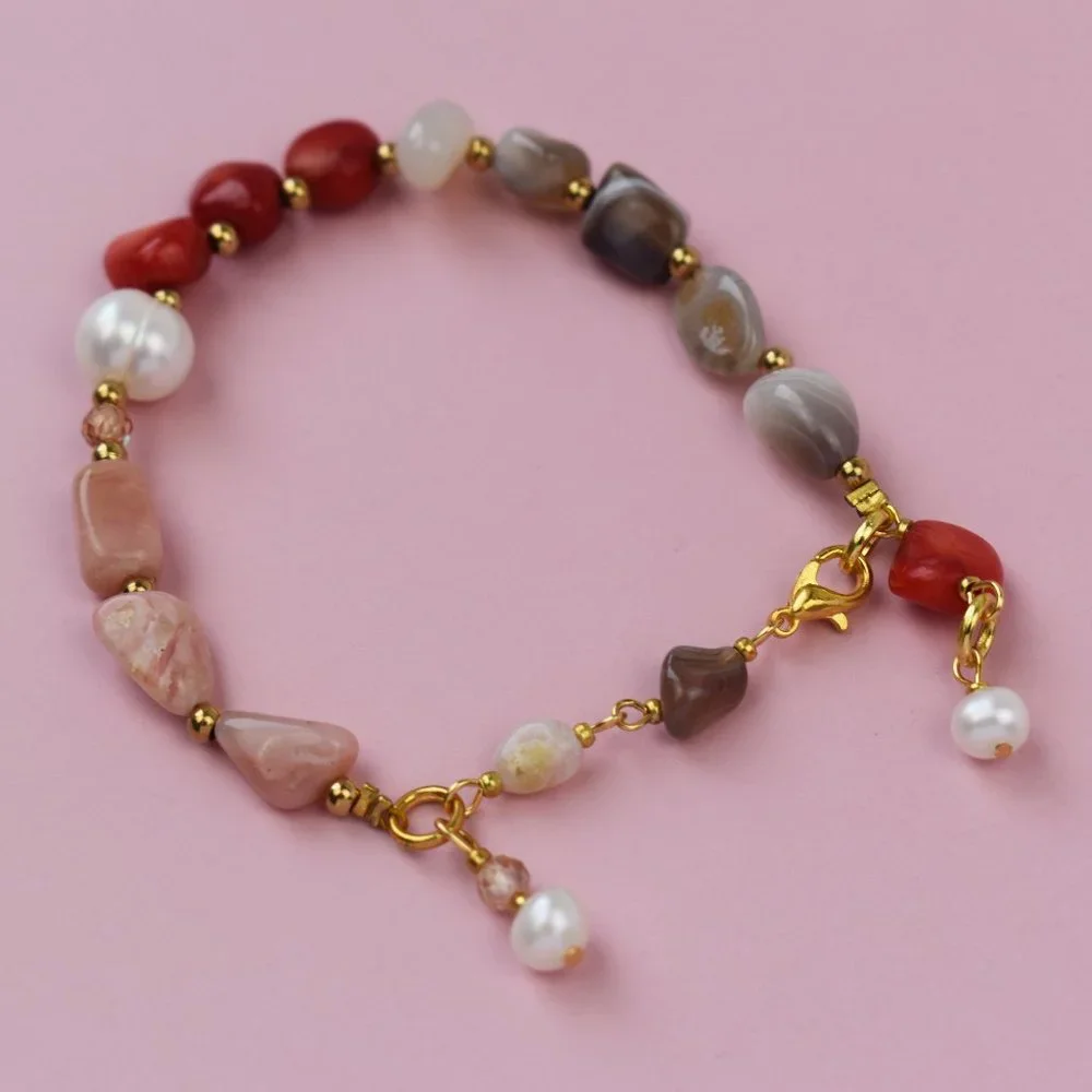 Mismatched beaded bracelet, red coral and pearl bracelet handmade
